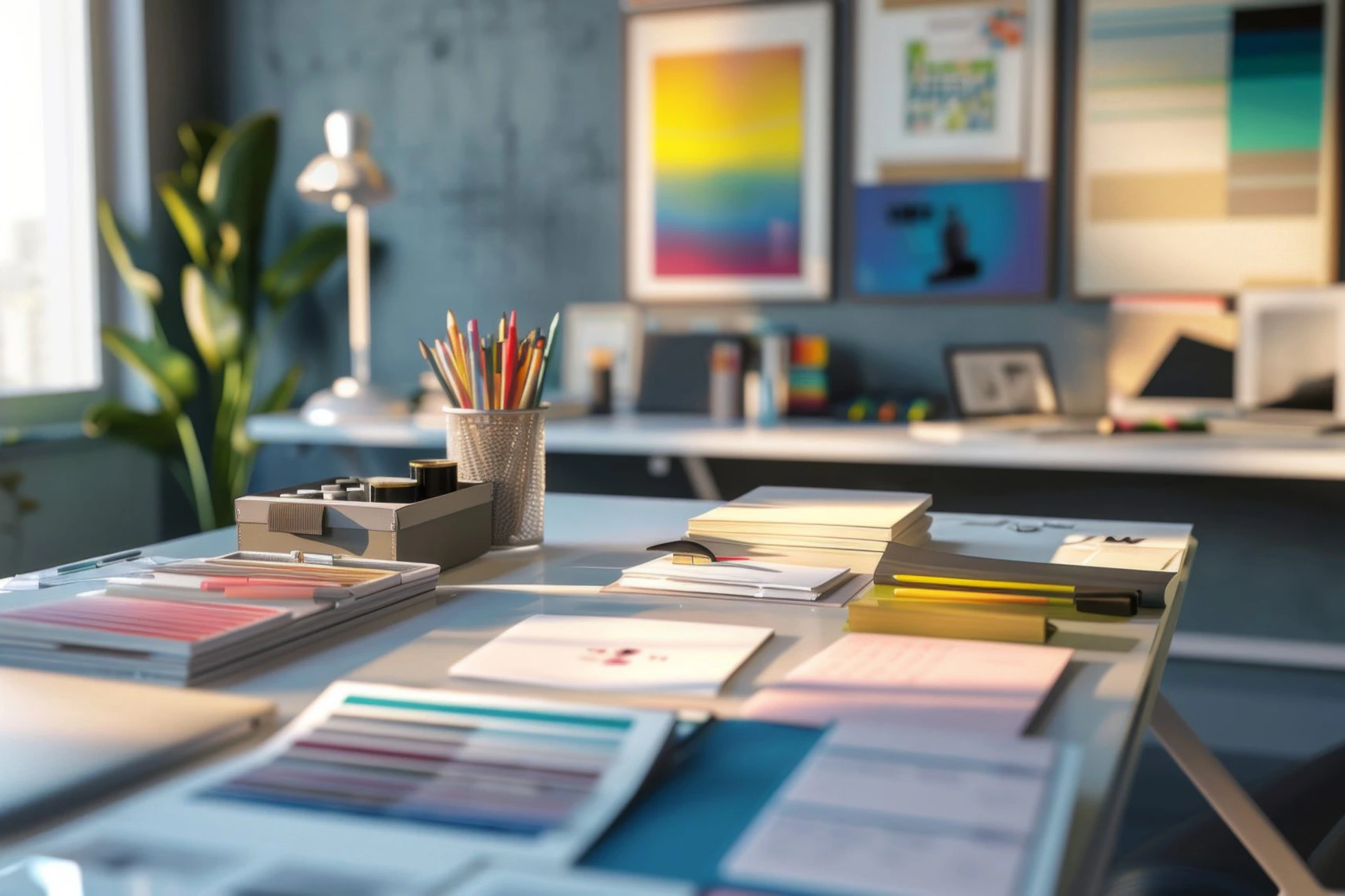 Heller Arbeitstisch mit Farbfächern, Layoutmustern, Notizbüchern und Designmaterialien, im Hintergrund gerahmte Farb- und Grafikposter; das Bild symbolisiert die Entwicklung eines professionellen Corporate Designs mit Fokus auf Farbwelt, Typografie und visueller Markenidentität.