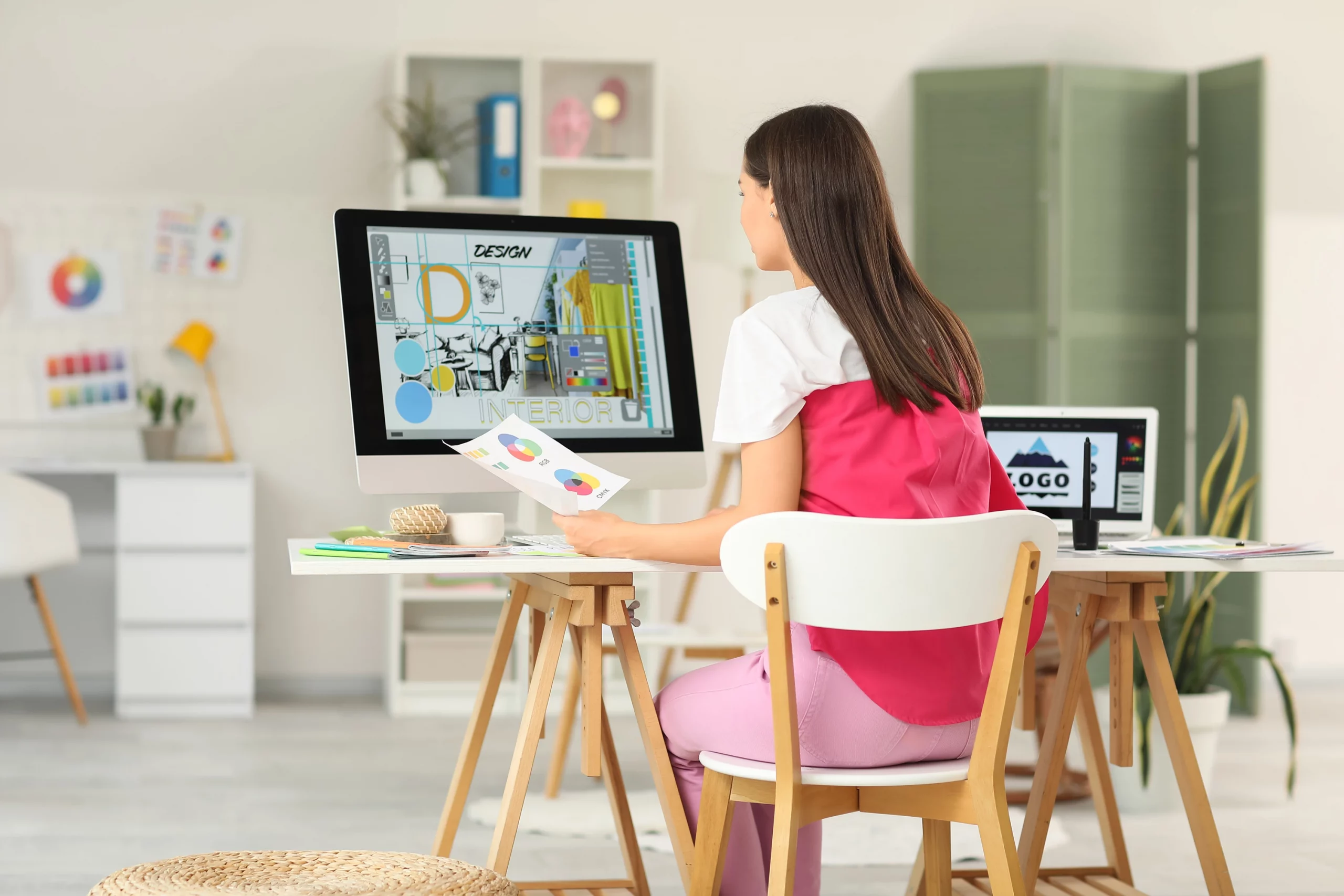 Junge Designerin sitzt in einem modernen, hellen Studio vor einem großen Monitor, auf dem bunte Illustrations- und Designentwürfe angezeigt werden; sie hält Farbmuster in der Hand, was den kreativen Prozess der visuellen Gestaltung und individuellen Illustration symbolisiert.