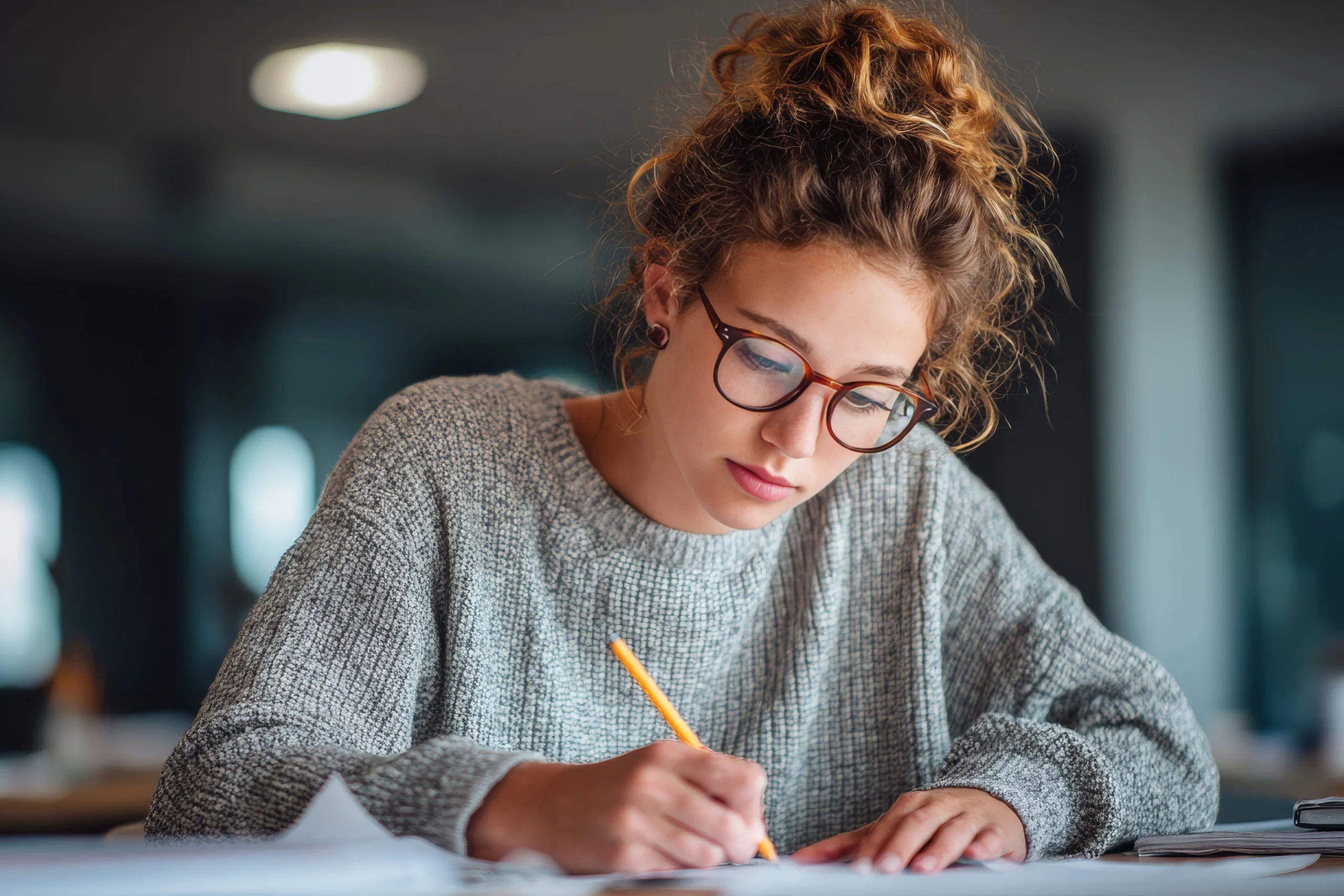 Junge Frau mit Brille sitzt an einem Schreibtisch und überprüft konzentriert ein Dokument mit einem Stift in der Hand; die Szene symbolisiert sorgfältiges Korrektorat, Textprüfung und die finale Qualitätskontrolle in Design- und Kommunikationsprojekten.