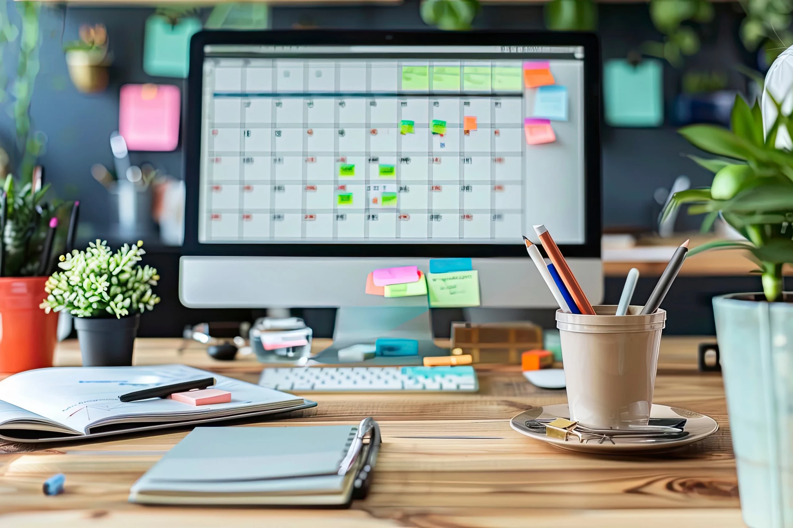Schreibtisch mit offenem Notizbuch, Pflanzen und Stiften vor einem großen Computerbildschirm, auf dem ein farbcodierter Social-Media-Plan bzw. Content-Kalender angezeigt wird; die Szene symbolisiert strategische Planung im Social-Media- und Performance-Marketing.