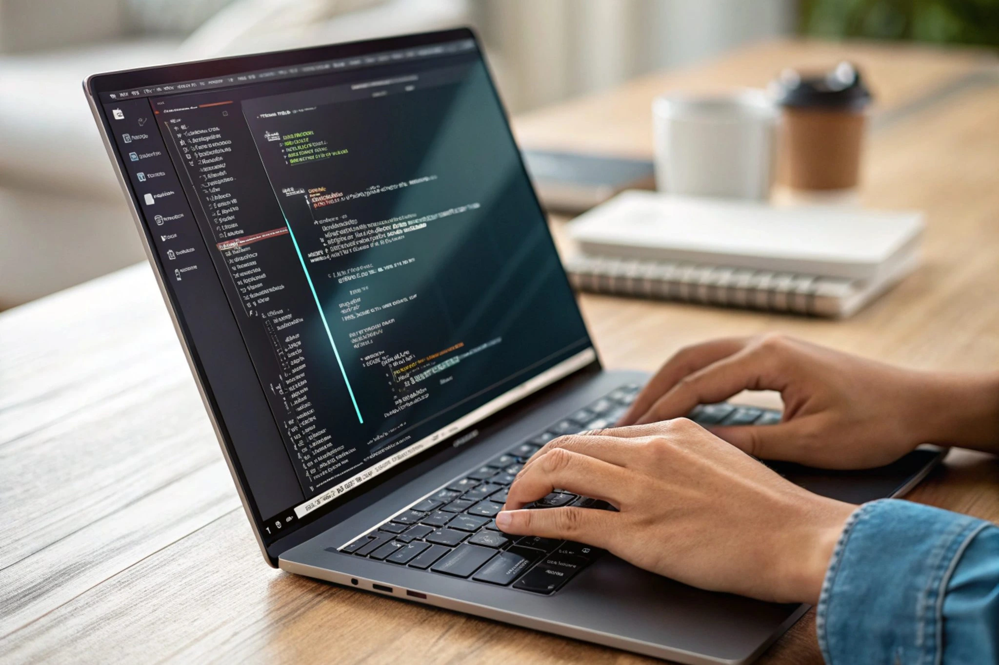 Laptop auf einem Schreibtisch zeigt komplexen Code in einem modernen IDE-Editor; eine Person tippt konzentriert auf der Tastatur. Die Szene vermittelt professionelle Schnittstellen- und API-Programmierung, bei der Software-Systeme miteinander verbunden, Prozesse automatisiert und digitale Workflows effizient gestaltet werden