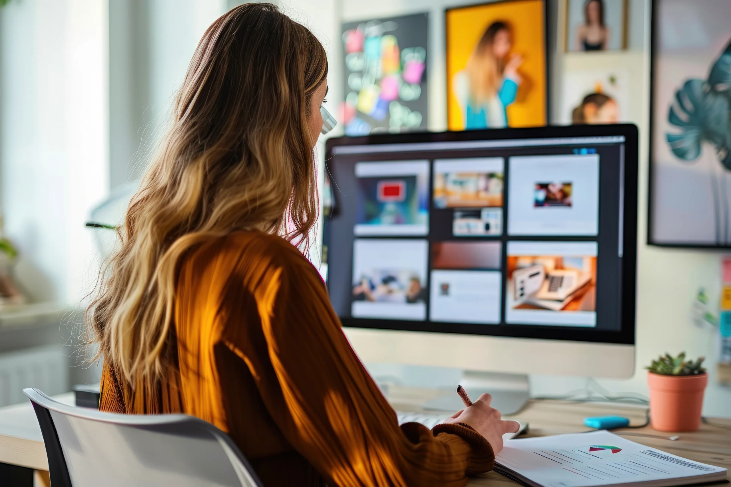 Designerinnen sitzt an einem Schreibtisch und arbeitet an einem großen Monitor, auf dem mehrere visuelle Layouts und kreative Entwürfe angezeigt werden; die Szene symbolisiert professionelles Artwork, visuelle Konzeptentwicklung und kreative Gestaltung im Grafikdesign.