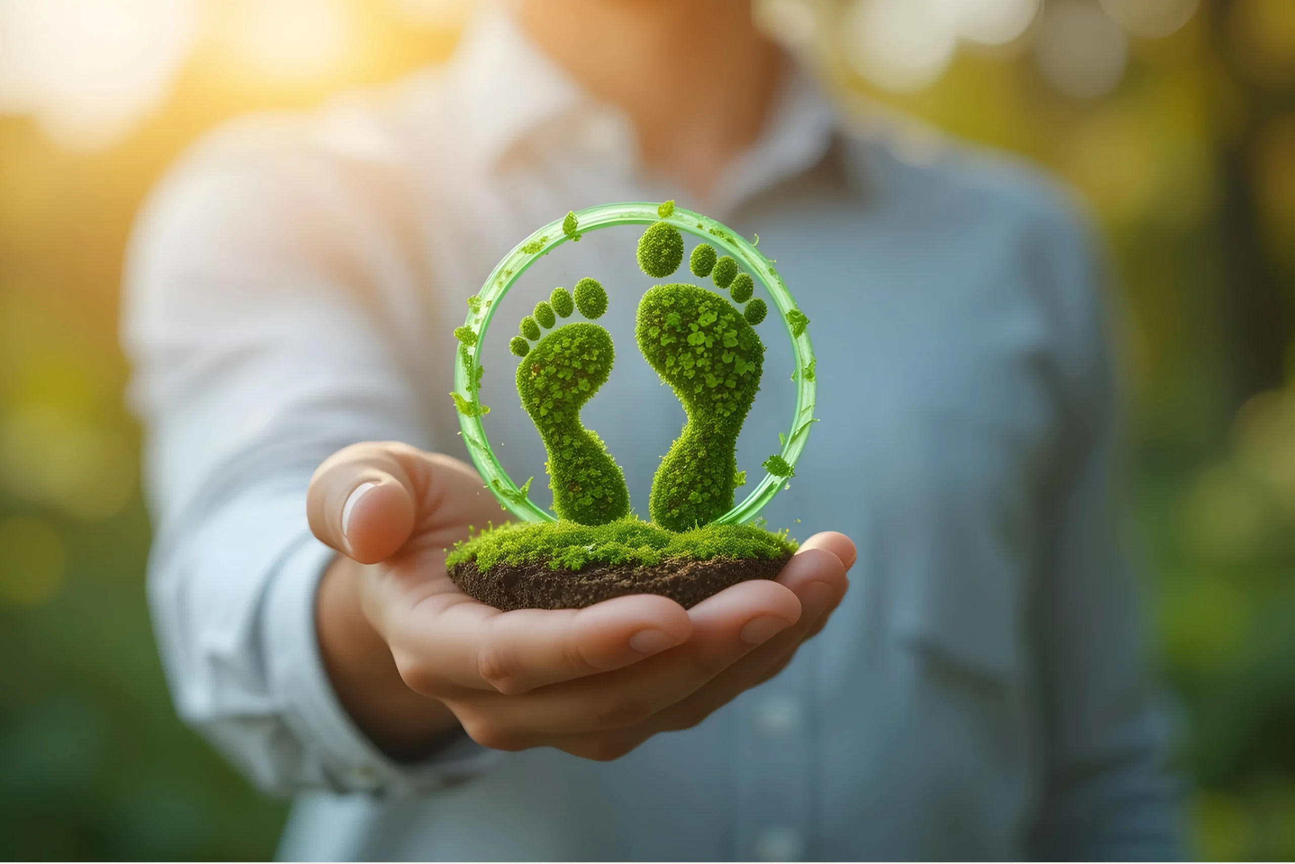 Person hält ein kleines Modell aus grünen, grasartigen Fußabdrücken in einem runden Rahmen in den Händen; das Bild symbolisiert CO₂-Reduktion, klimaneutrale Produktion und nachhaltige Druckprozesse.