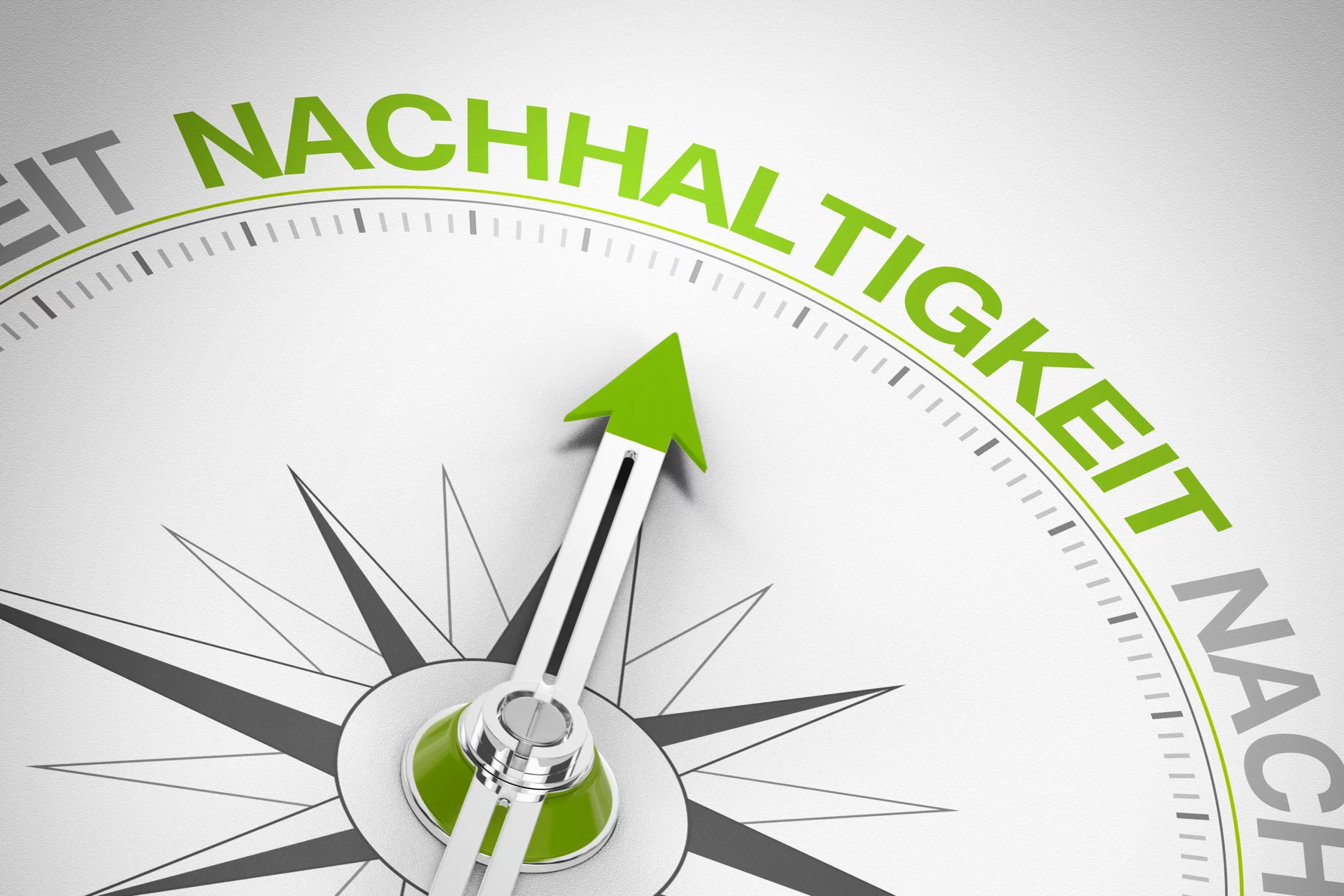 Nahaufnahme eines Kompasses, dessen Zeiger in Richtung des Wortes ‚Nachhaltigkeit‘ zeigt; das Bild symbolisiert verantwortungsbewusstes Handeln, nachhaltige Unternehmensführung und die klare Ausrichtung auf umweltfreundliche Entscheidungen.