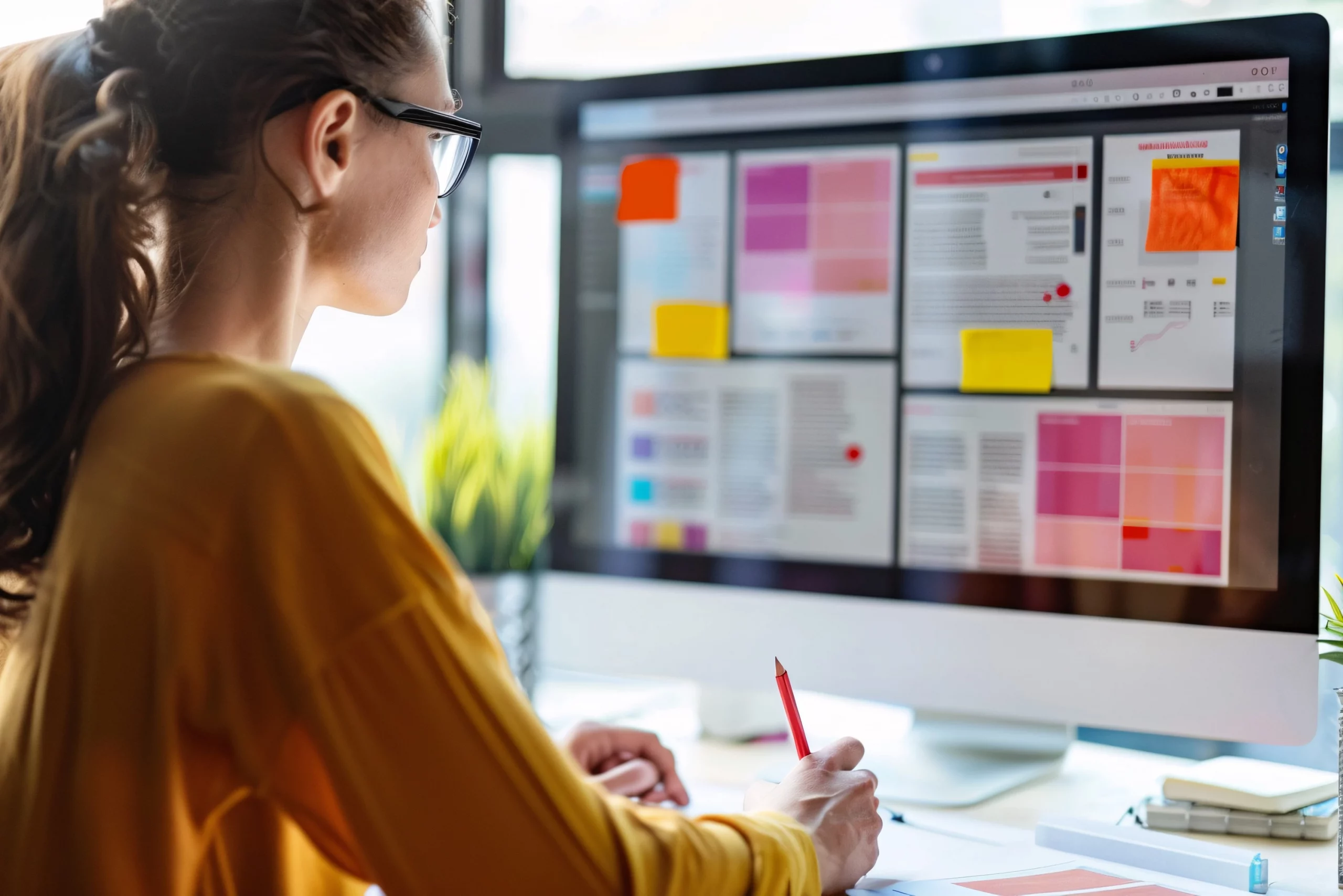 Grafikdesignerin arbeitet an einem großen Monitor an Layouts und Farbkonzepten für Printmedien; auf dem Bildschirm sind Magazine und Farbfelder zu sehen, während sie mit einem Stift Designelemente anpasst – professionelle Gestaltung und Layoutentwicklung für hochwertige Druckprodukte.