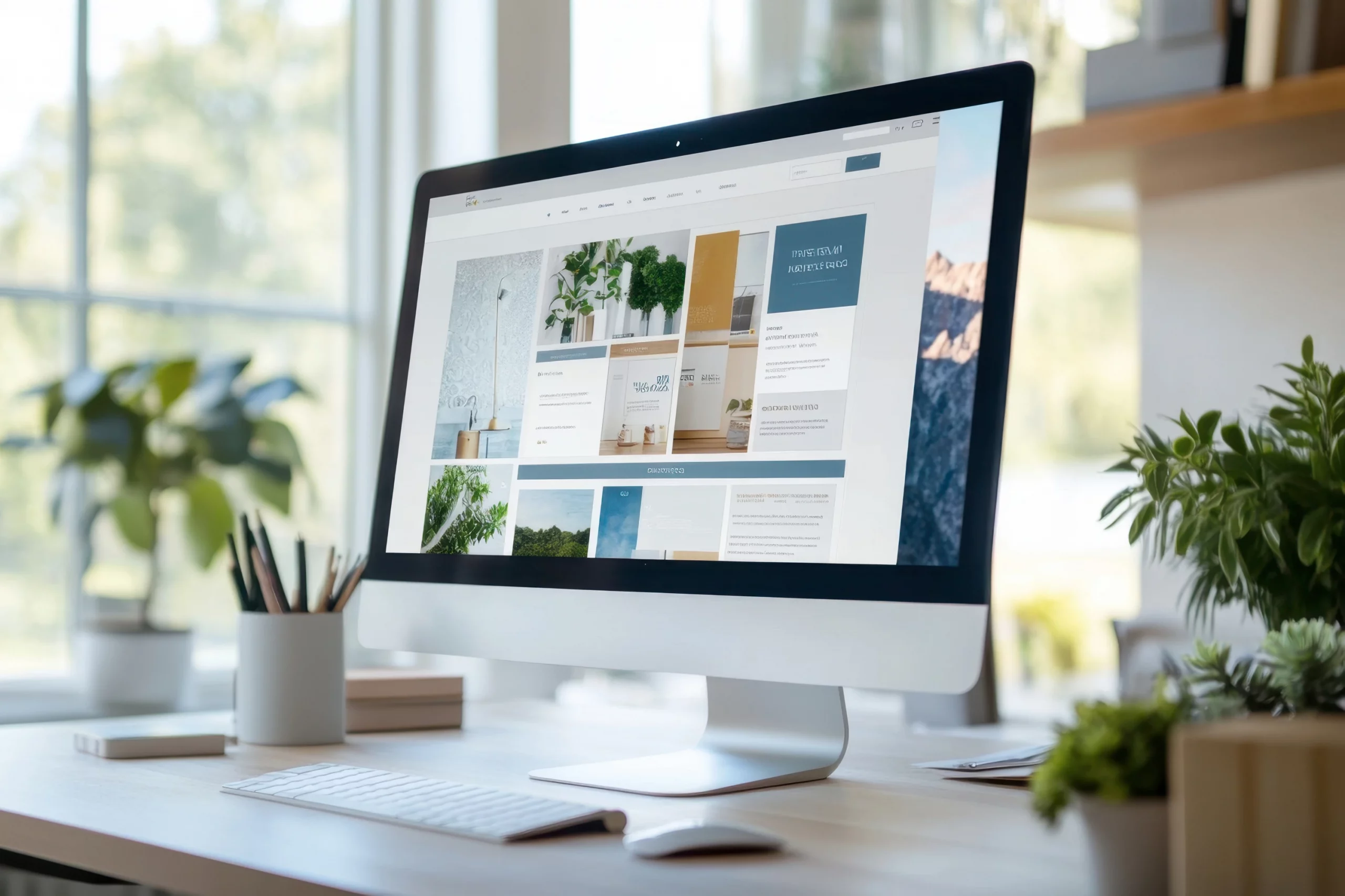 Großer Desktop-Monitor auf einem hellen, modernen Schreibtisch zeigt mehrere Layout-Entwürfe und Corporate-Design-Beispiele; die Szene symbolisiert professionelle Layouterstellung, visuelle Markenführung und konsistente Gestaltung für Printmedien.