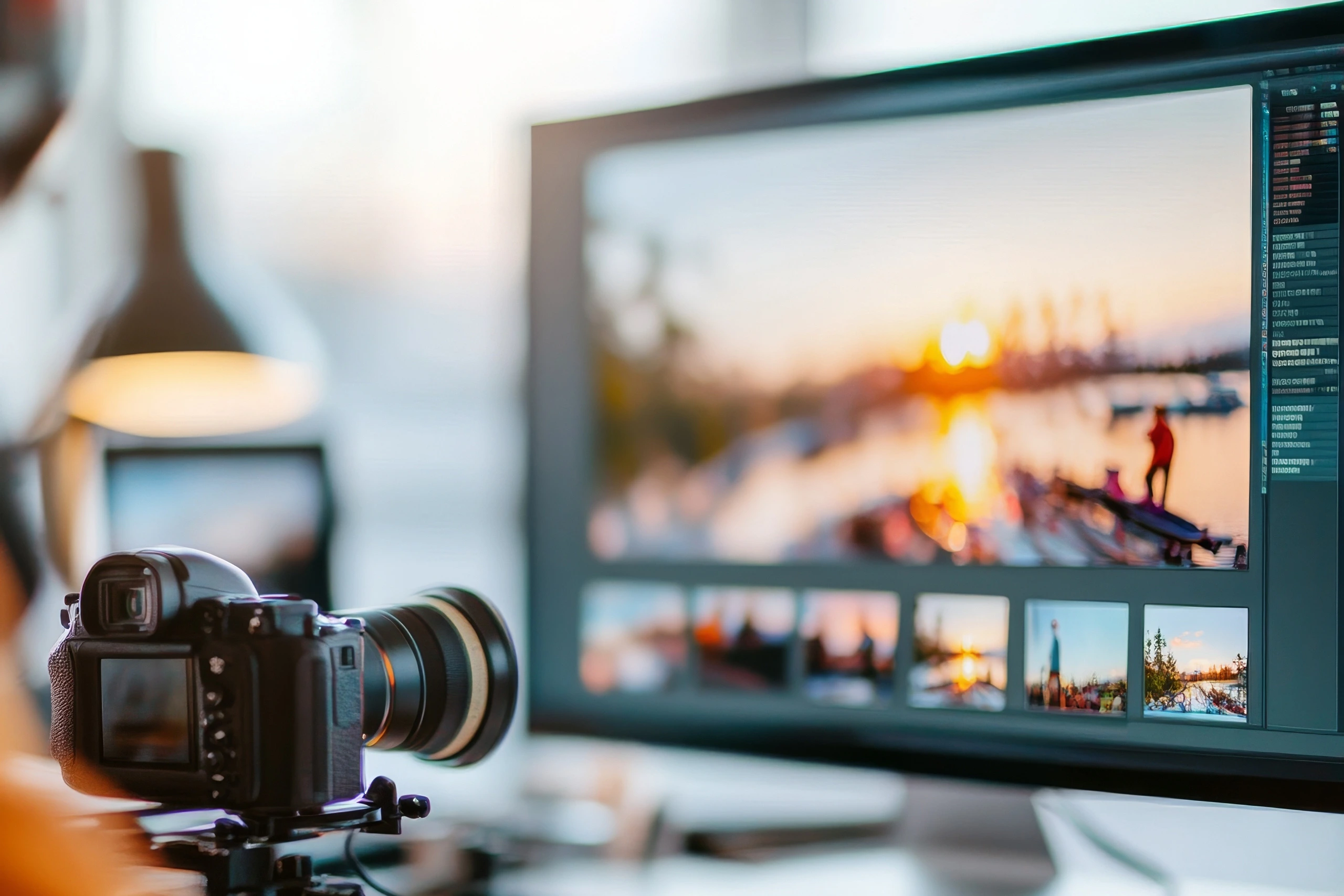 Arbeitsplatz mit professioneller Kamera und großem Monitor, auf dem ein Fotograf oder Bildbearbeiter hochauflösende Fotos retuschiert; mehrere Vorschaubilder und Bearbeitungswerkzeuge sind sichtbar, was den digitalen Bildbearbeitungs- und Retuscheprozess zeigt.