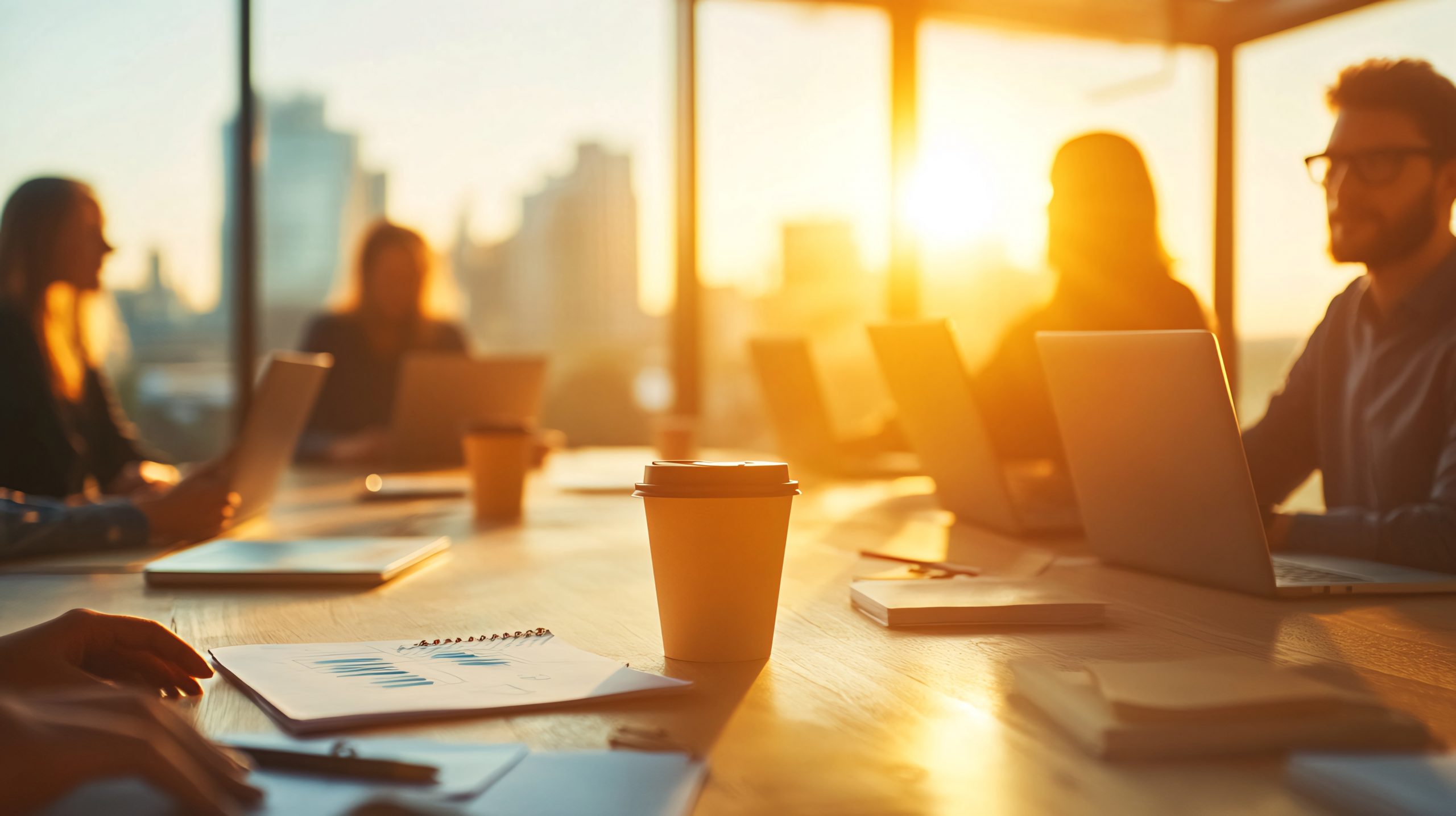 Team of professionals in a sunlit office meeting around a table with laptops and coffee cups during golden hour.