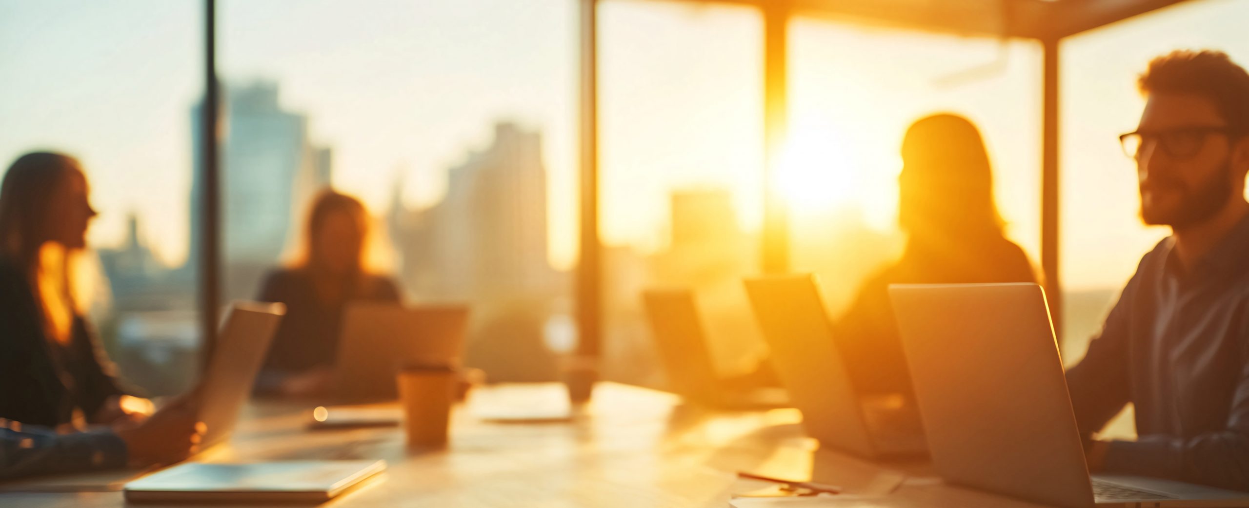 Team of professionals at a sunlit conference table, laptops open, cityscape blurred in the background.